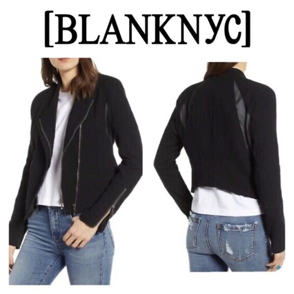 BLANK NYC Black Crepe Mesh Side Double Asymmetrical Zip Moto Jacket Size Small - Picture 1 of 7